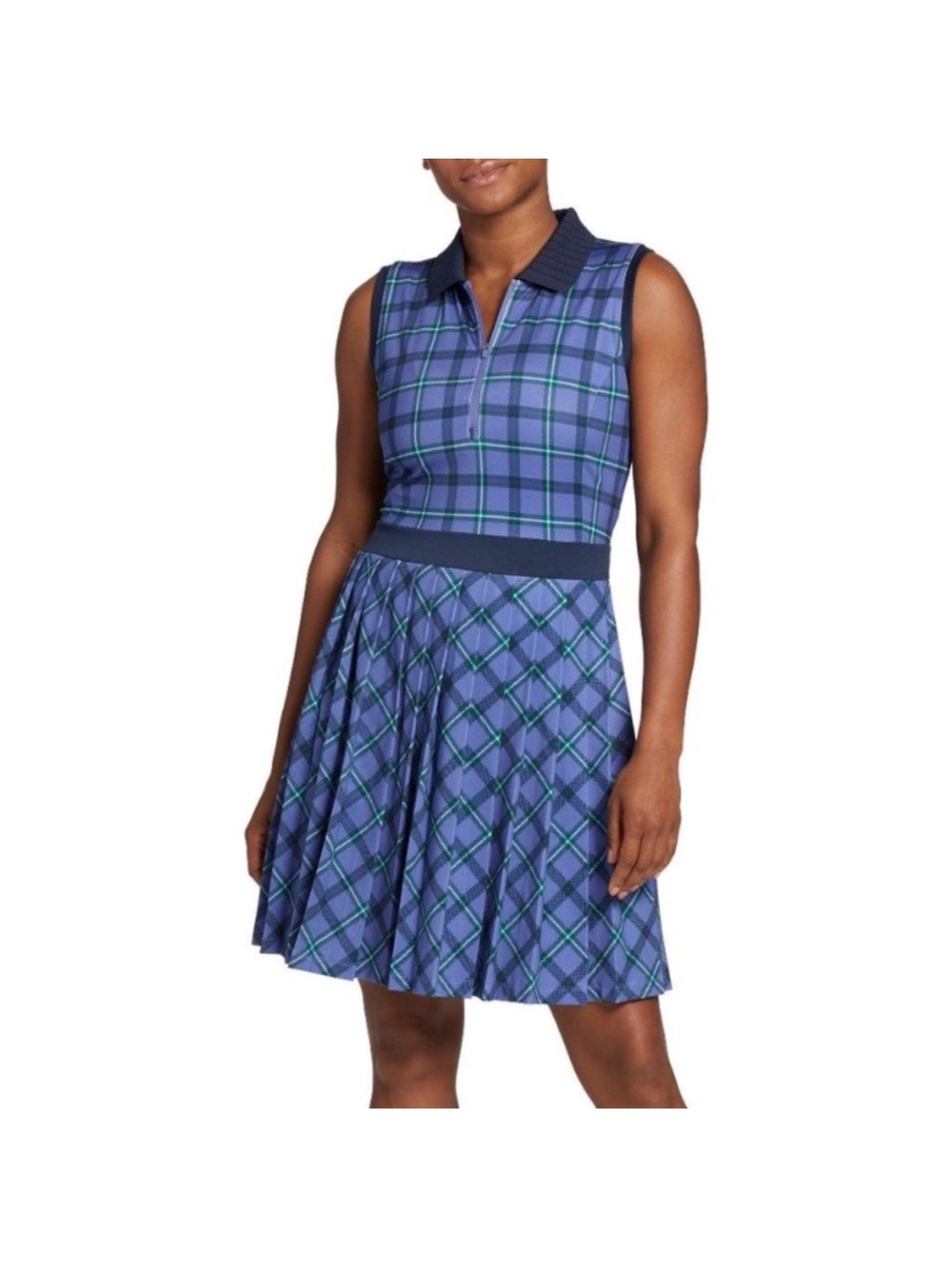 Lady Hagen Clubhouse Pleated Blue Plaid Sleeveless Polo Dress